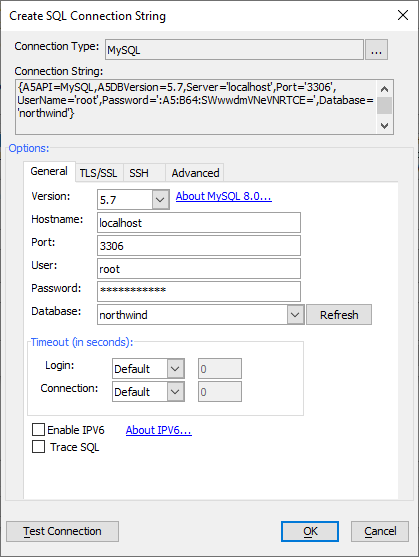 Click OK to save the MySQL Connection string.